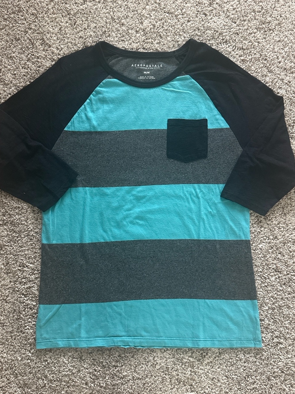 Aeropostale Men’s Teal and Charcoal Striped Raglan Pocket Tee